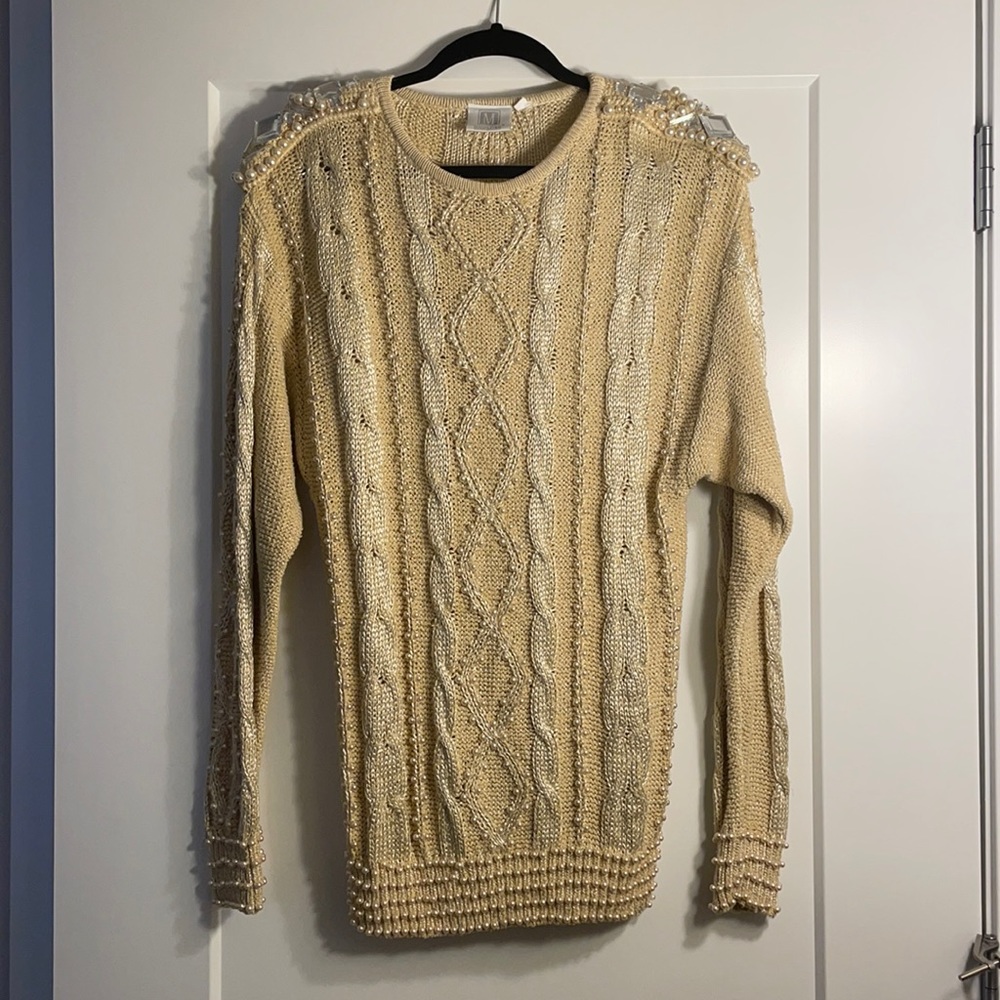 Vintage Pearl Embroidered Cable-Knit Cream Sweater